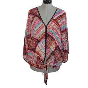 Chenault multi-color semi-sheer flowy blouse with knot front, size XL